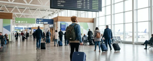 Un jeune voyageur avec une valise observe le tableau des départs dans un aéroport international.